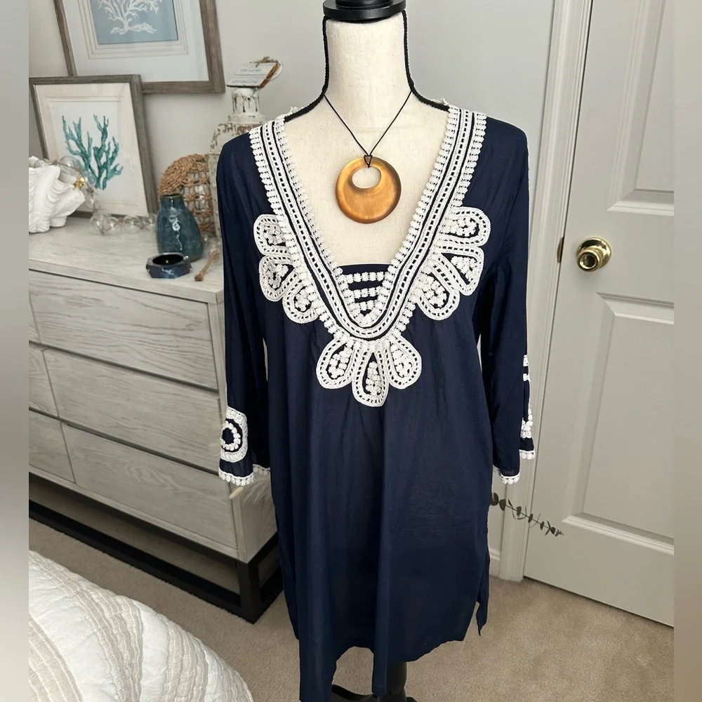 💵 J. Crew | Corded Trim Short Tunic Dress Swim CoverUp | Navy Blue - Picture 6 of 12